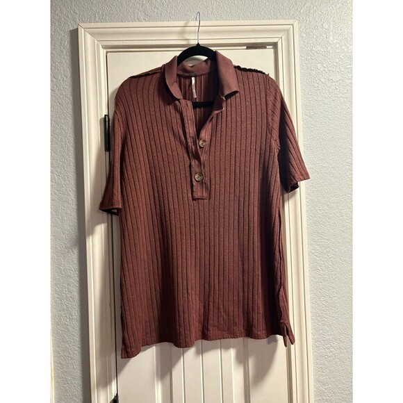 Free People Heart Strings Vneck Collared Womens Knit Short Sleeve Size Medium - Picture 1 of 7